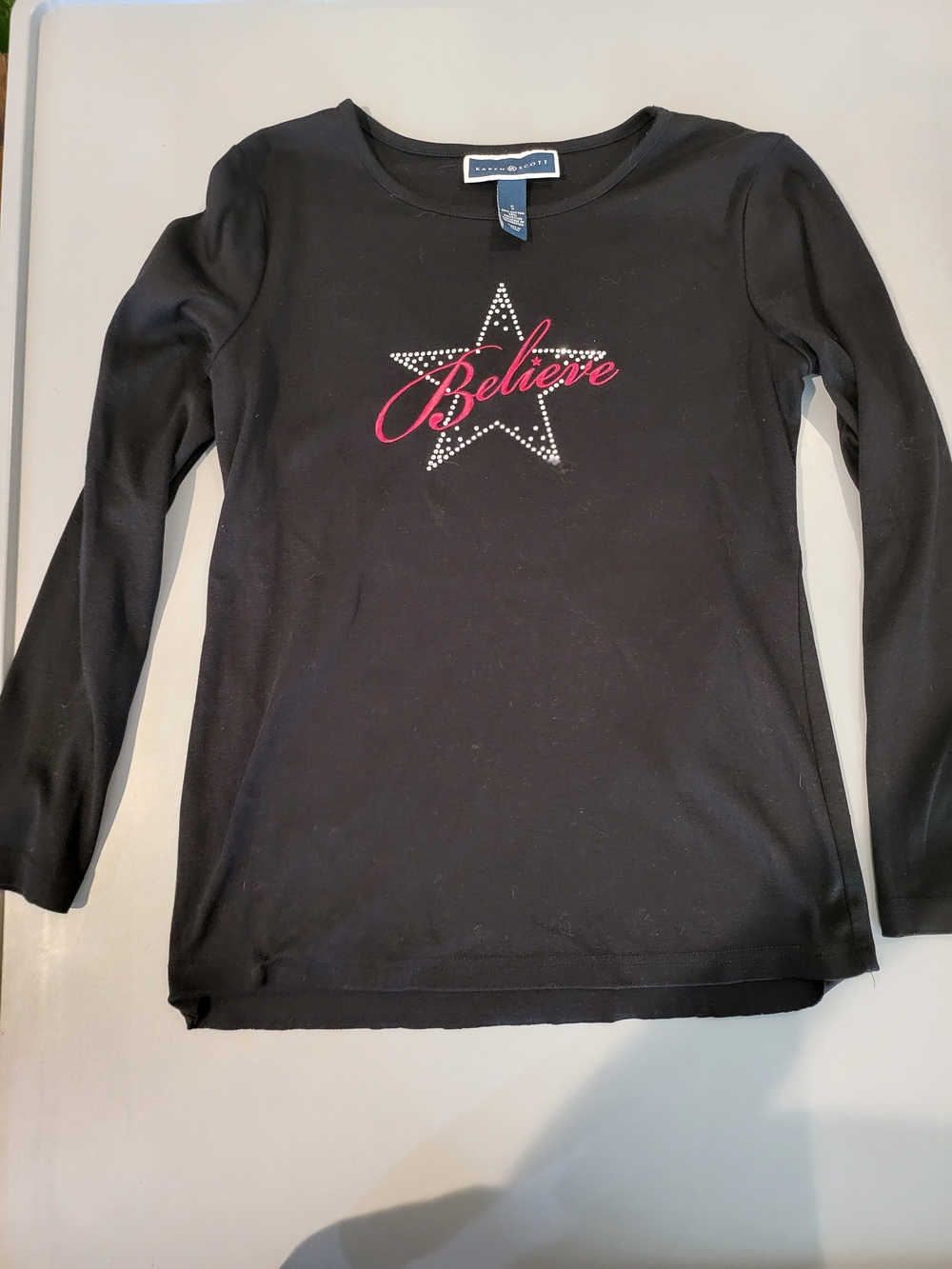 Karen Scott Black Long Sleeve Tee with Pink 'Believe' and Rhinestone Star